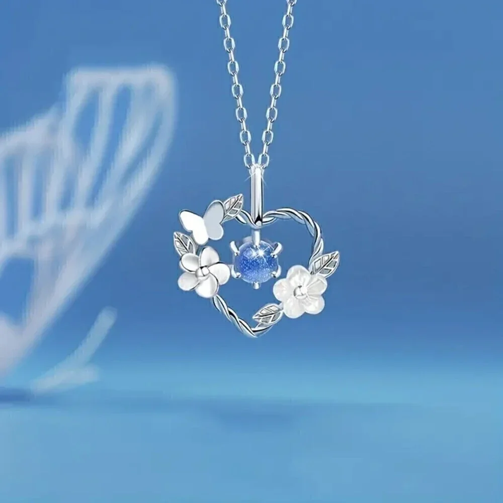 Elegant Moonstone Butterfly Heart Flower Pendant Necklace